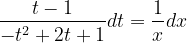 \dpi{120} \frac{t-1}{-t^{2}+2t+1}dt=\frac{1}{x}dx